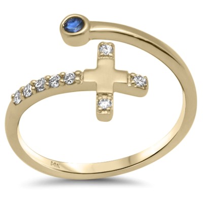 .11ct G SI 14K Yellow Gold Diamond Side Cross Diamond & Blue Sapphire Open Ring Band