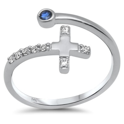.11ct G SI 14K White Gold Diamond Side Cross Diamond & Blue Sapphire Open Ring Band