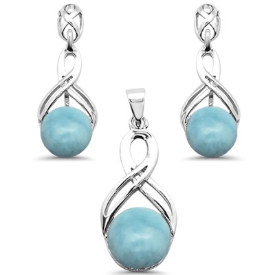 Round Natural Larimar Infinity Drop Dangle Earring & Pendant .925 Sterling Silver Set