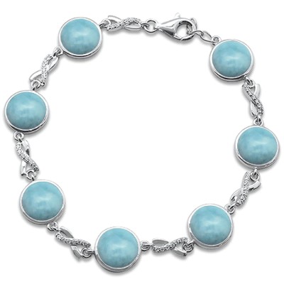 Round Natural Larimar Infinity Cubic Zirconia Design .925 Sterling Silver Bracelet 7" Long