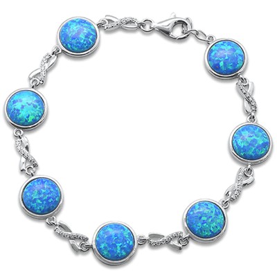 Round Blue Opal Infinity Cubic Zirconia Design .925 Sterling Silver Bracelet 7.5" Long