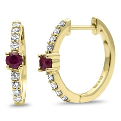 .60ct G SI 14K Yellow Gold Diamond Ruby Gemstones Hoop Earrings Post&Click
