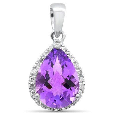 1.56ct G SI 14K White Gold Diamond & Pear Shaped Amethyst Gemstone Pendant