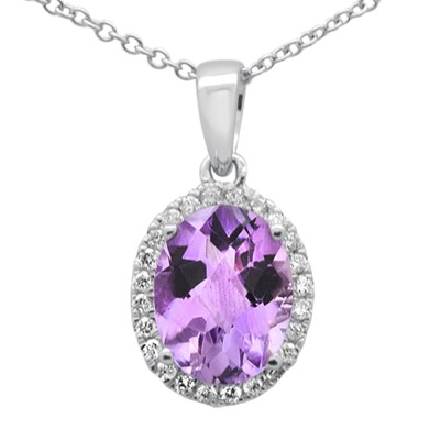 1.62ct G SI 14K White Gold Diamond & Oval Pink Amethyst Gemstone Pendant Necklace 18" Long