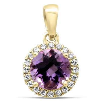 .78ct G SI 14K Yellow Gold Diamond & Round Pink Amethyst Gemstone Pendant