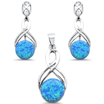 Round Blue Opal Infinity Drop Dangle Earring & Pendant .925 Sterling Silver Set