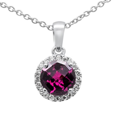 1.01ct G SI 14K White Gold Diamond & Round Rhodolite Gemstone Pendant Necklace 18" Long