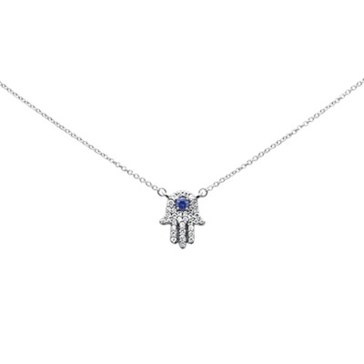 .32ct G SI 14K White Gold Diamond & Blue Sapphire Hamsa Pendant Necklace 18" Long Chain