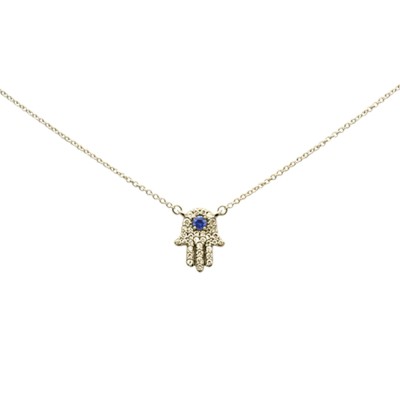 .31ct G SI 14K Yellow Gold Diamond & Blue Sapphire Hamsa Pendant Necklace 18" Long Chain