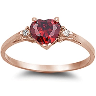 Rose Gold Plated Ruby Heart & Cz .925 Sterling Silver Ring Sizes 3-12