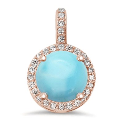 Rose Gold Plated Natural Larimar Halo Style .925 Sterling Silver Pendant