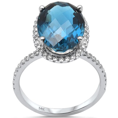6.85ct G SI 14K White Gold Oval Shaped Blue Topaz Gemstone & Diamond Ring Size 6.5