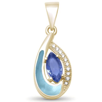 Yellow Gold Plated Tear Drop Tanzanite, Cz & Natural Larimar .925 Sterling Silver Pendant