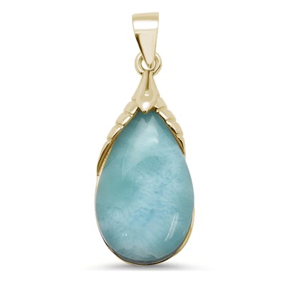 Yellow Gold Plated Pear Shape Natural Larimar .925 Sterling Silver Pendant