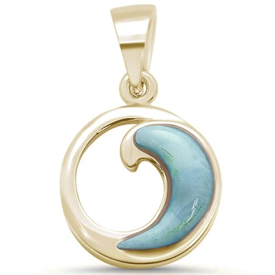 Yellow Gold Plated Natural Larimar Wave Deisgn .925 Sterling Silver Pendant