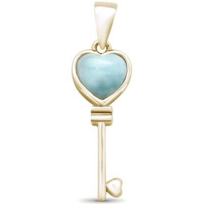 Yellow Gold Plated Natural Larimar Heart Key .925 Sterling Silver Pendant