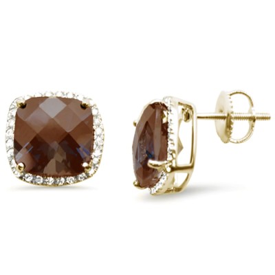 4.90ct G SI 14K Yellow Gold Cushion Shaped Smokey Topaz Gemstone & Diamond Earrings