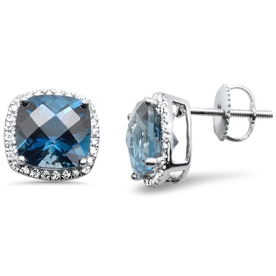 5.56ct G SI 14K White Gold Cushion Shaped Blue Topaz Gemstone & Diamond Earrings