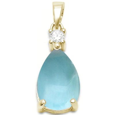 Yellow Gold Plated Pear Shape Natural Larimar & Cubic Zirconia .925 Sterling Silver Pendant