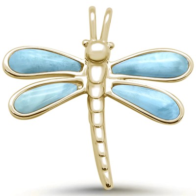 Yellow Gold Plated Natural Larimar Dragonfly .925 Sterling Silver Pendant