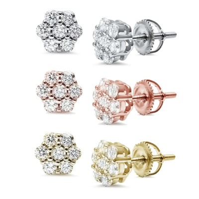 Round 7 Stone Flower CZ .925 Sterling Silver Earrings Three Metal Colors