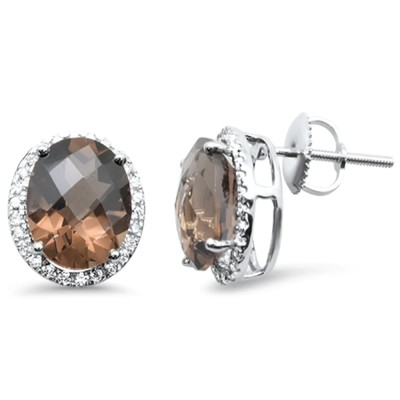 4.98ct G SI 14K White Gold Oval Shaped Smoky Topaz Gemstone & Diamond Earrings
