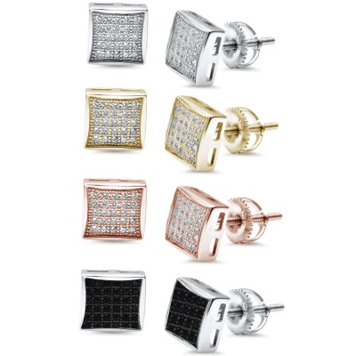 8MM Princess Cut Micro Pave CZ .925 Sterling Silver Stud Earrings Colors