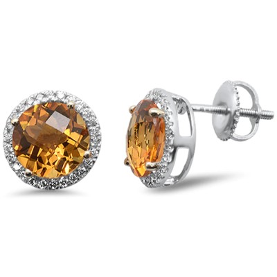 3.73ct G SI 14K White Gold Round Shaped Citrine Gemstone & Diamond Earrings