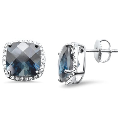 8.06ct G SI 14K White Gold Cushion Shaped Blue Topaz Gemstone & Diamond Earrings