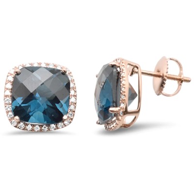 7.85ct G SI 14K Rose Gold Cushion Shaped Blue Topaz Gemstone & Diamond Earrings