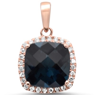 3.55ct G SI 14K Rose Gold Diamond & Cushion Blue Topaz Gemstone Pendant