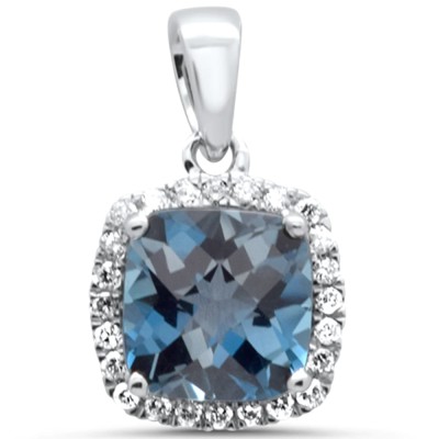 1.83ct G SI 14K White Gold Diamond & Cushion Blue Topaz Gemstone Pendant