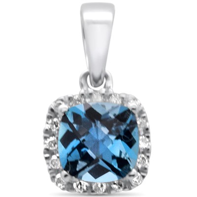 .71ct G SI 14K White Gold Diamond & Cushion Blue Topaz Gemstone Pendant
