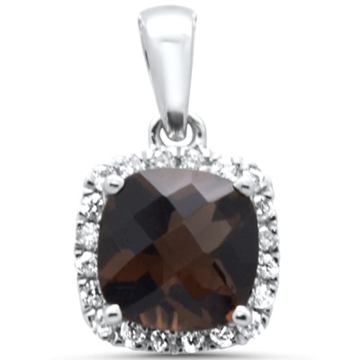 1.00ct G SI 14K White Gold Diamond & Cushion Smokey Topaz Gemstone Pendant