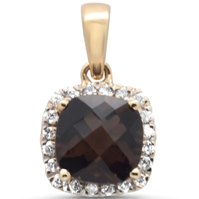 1.00ct G SI 14K Yellow Gold Diamond & Cushion Smokey Topaz Gemstone Pendant