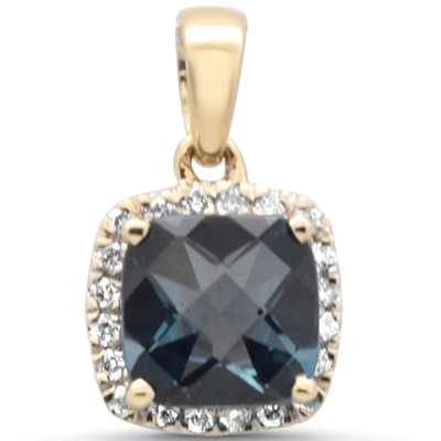 1.14ct G SI 14K Yellow Gold Diamond & Cushion Blue Topaz Gemstone Pendant