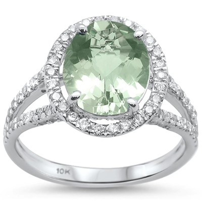 2.98cts 10k White Gold Oval Green Amethyst Diamond Ring Size 6.5