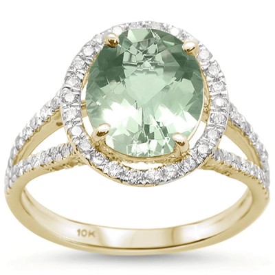 2.98cts 10k Yellow Gold Oval Green Amethyst Diamond Ring Size 6.5
