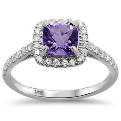 1.18ct 14kt White Gold Cushion Cut Amethyst & Diamond Ring Size 6.5