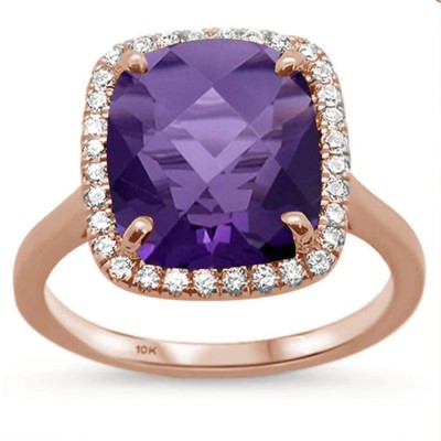 5.54ct Cushion Cut Amethyst 10k Rose Gold Diamond Ring Size 6.5