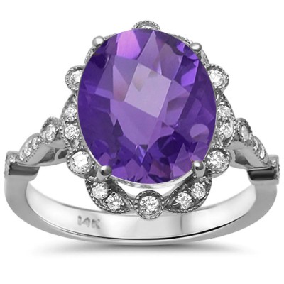 3.29cts Oval Amethyst Gemstone & Diamond 14k White Gold Ring Size 6.5