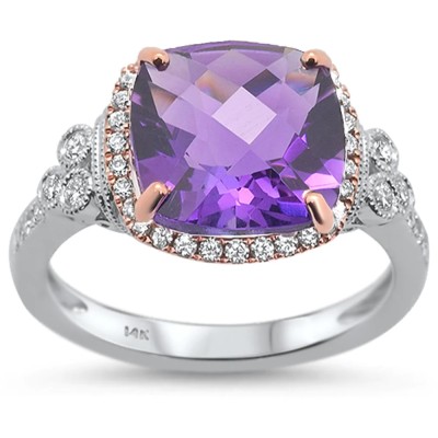 3.85cts 14k Two Tone Cushion Amethyst & Diamond Ring Size 6.5