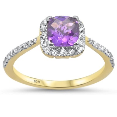 0.75cts 10k Yellow Gold Cushion Amethyst & Diamond Ring Size 6.5