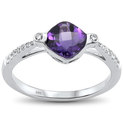 1.10cts 14k White Gold Cushion Cut Amethyst & Diamond Ring