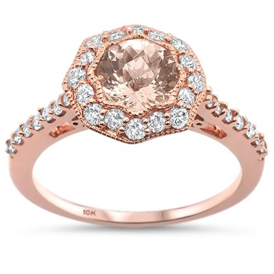 1.32cts 10k Rose Gold Round Morganite Diamond Ring Size 6.5