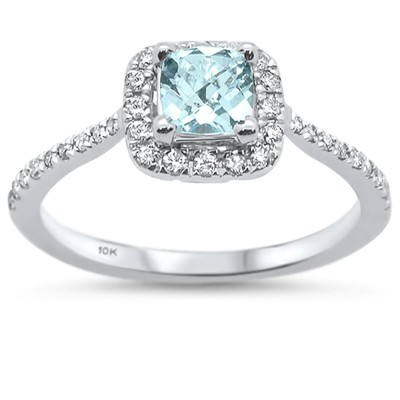 0.7cts 10k White Gold Cushion Aquamarine Diamond Ring Size 6.5
