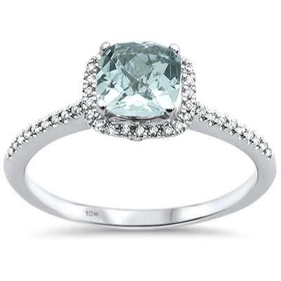 0.98cts 10k White Gold Cushion Aquamarine Diamond Ring Size 6.5