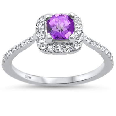 0.73cts 10k White Gold Cushion Amethyst Diamond Ring Size 6.5