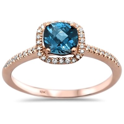 0.93cts 10k Rose Gold Cushion Blue Topaz Diamond Ring Size 6.5