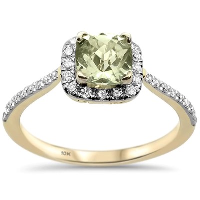 1.09cts 10k Yellow Gold Cushion Green Amethyst Diamond Ring Size 6.5